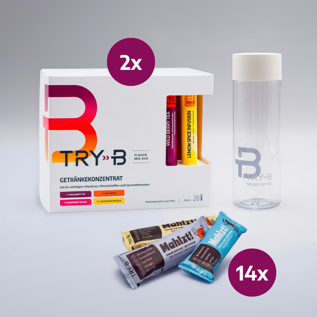 TRY-B Herbst-Special – 2 Wochen Konzentrat + 14 Mahlzt! Riegel + Trinkflasche gratis